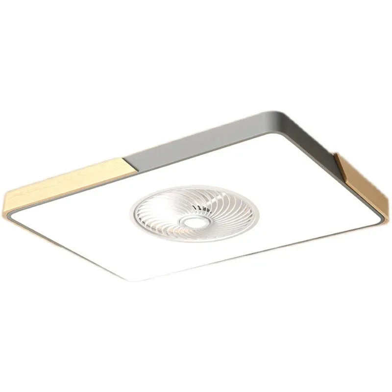 Nordic-style ceiling fan light with solid wood blades, shown in rectangular, round, and square shape options.