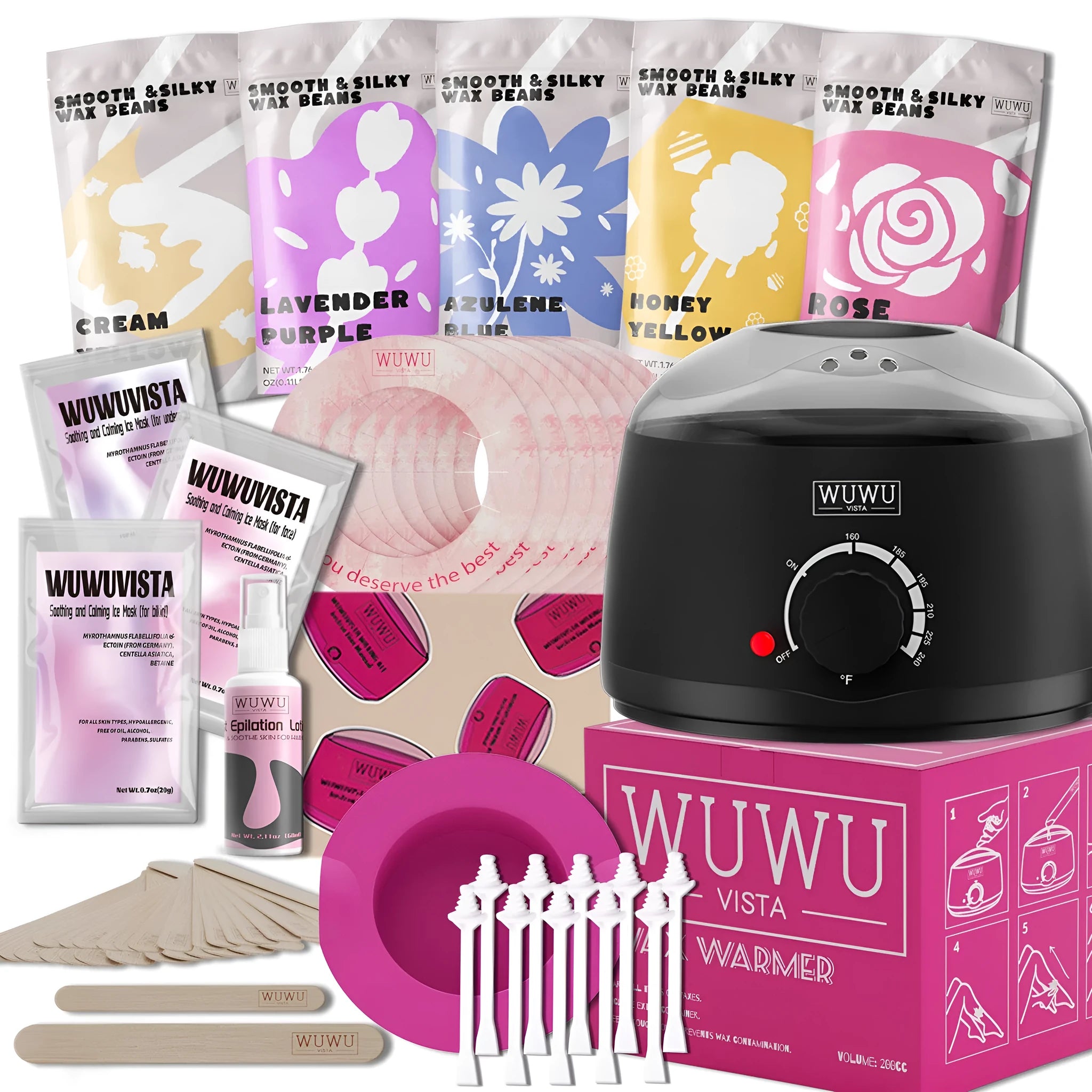 Professional waxing kit with wax warmer, hard wax beans, applicators, and aftercare products for hair removal.