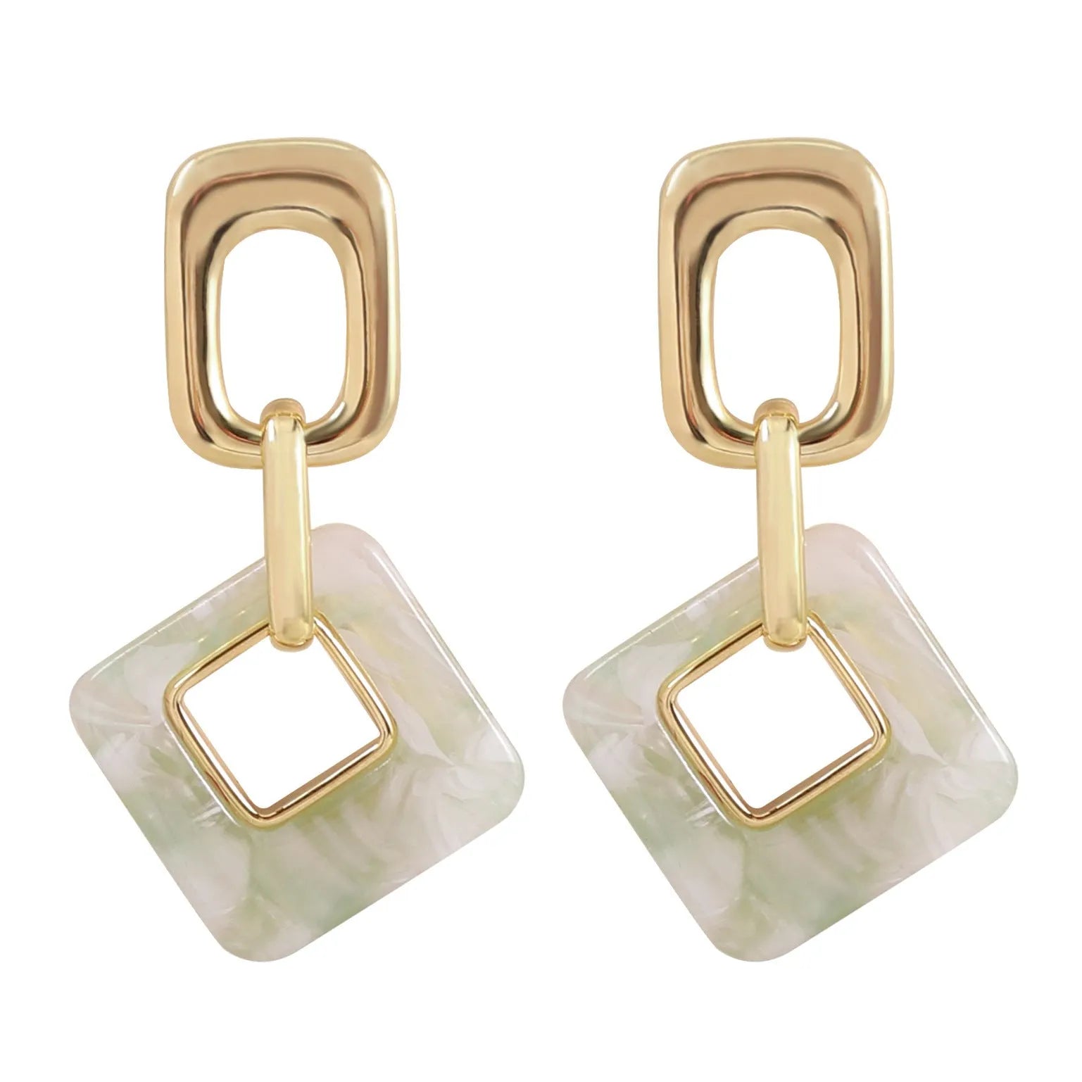 Pair of hollow geometric square earrings with chamfered pattern in silver or black electroplated finish.
