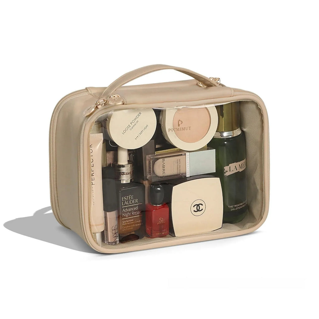 Transparent PVC leather cosmetic bag showing interior organisation and dry wet separation compartments.