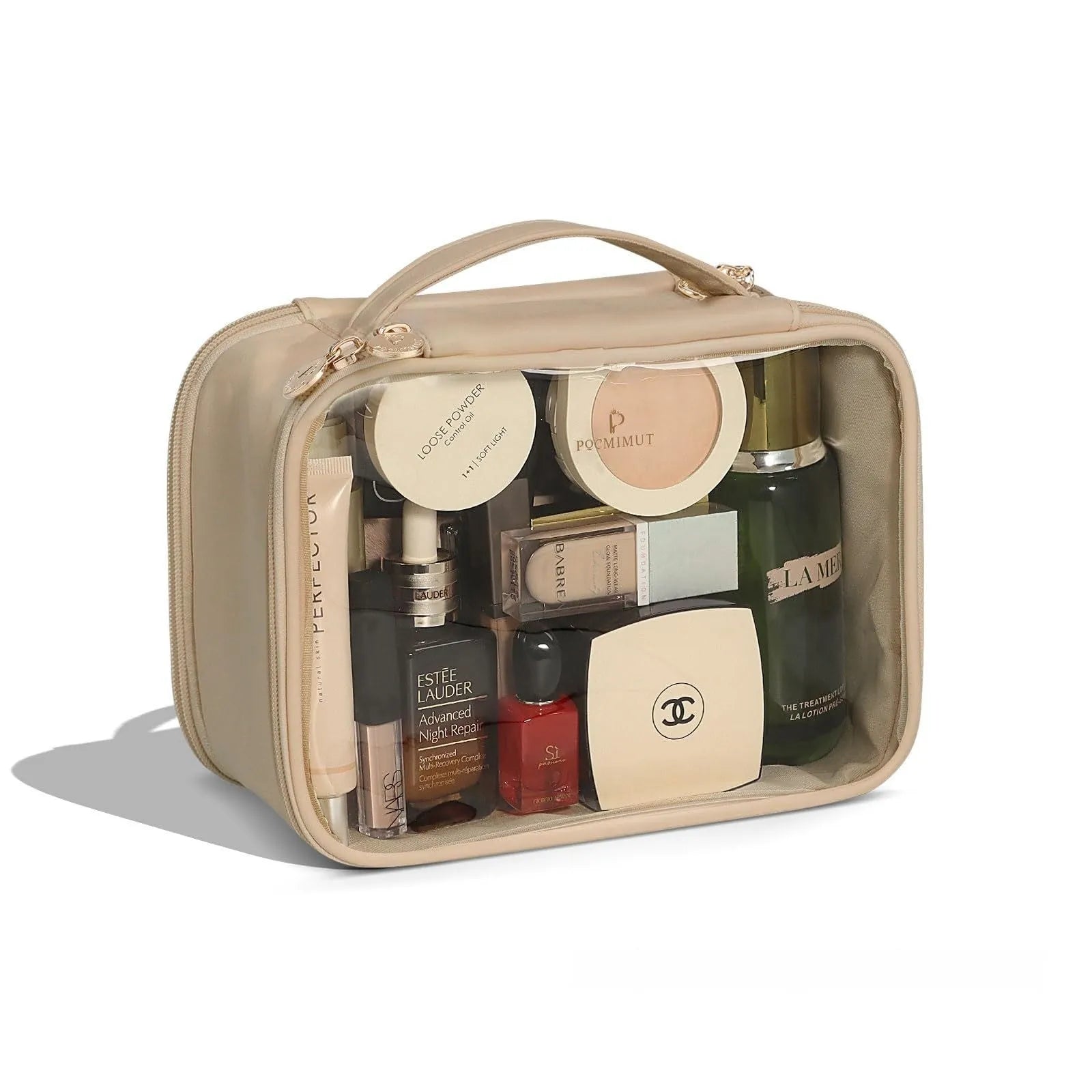 Transparent PVC leather cosmetic bag showing interior organisation and dry wet separation compartments.