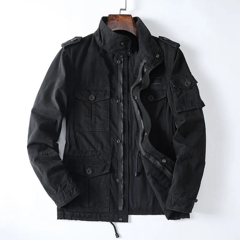 Men's loose fit cotton twill jacket in light brown, retro style, zip front, no hood.
