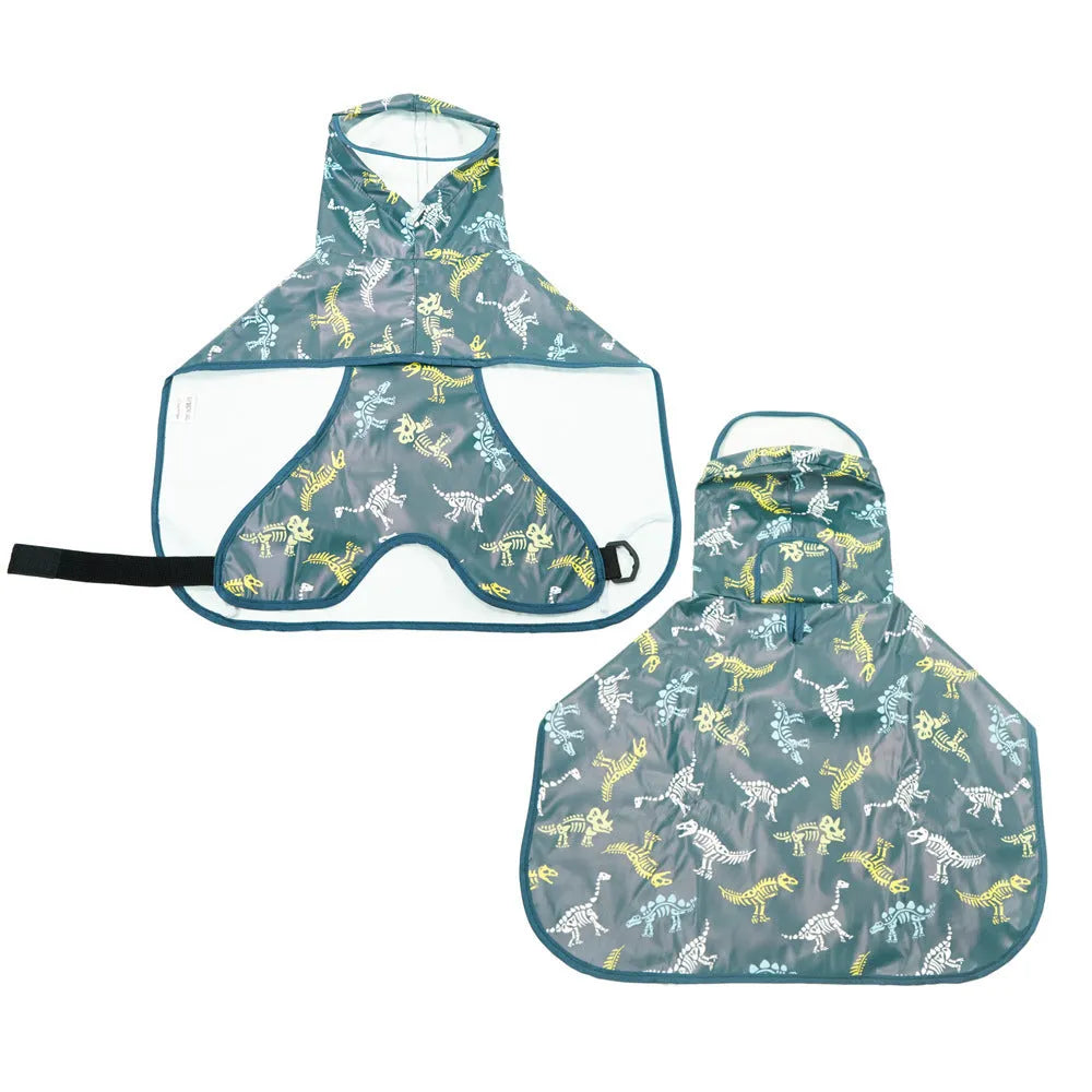 Dog wearing transparent-brim waterproof PU raincoat with bellyband in egg yolk man colour
