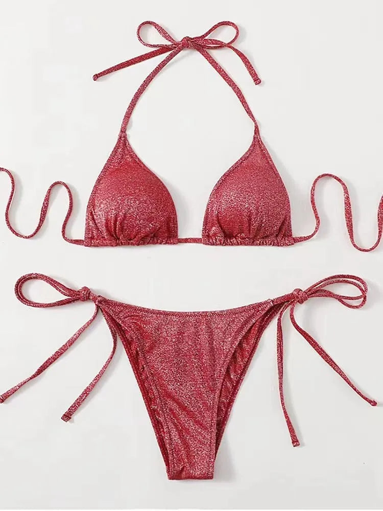 Women's split bandage bikini swimsuit in polyester fabric showing colour options and styling