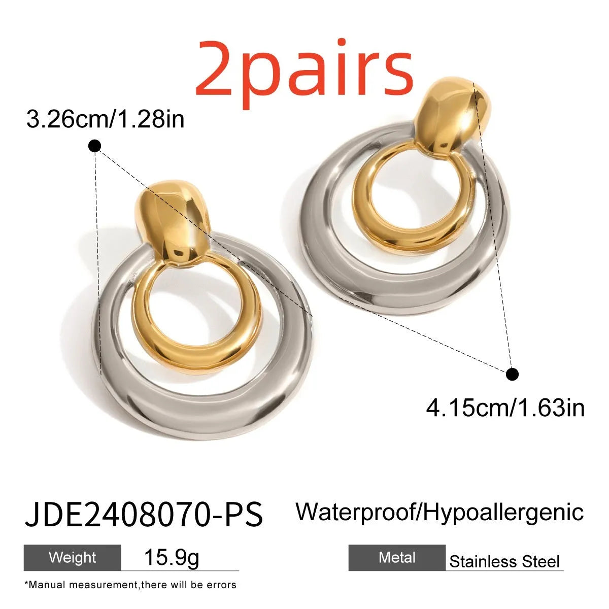 Golden round double layer hollow stud earrings with geometric design on white background
