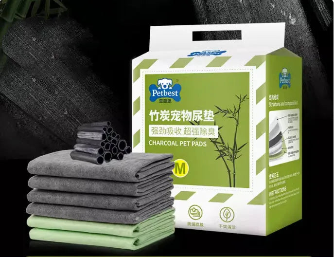 Pack of thickened absorbent dog urine pads showing size options and variant types like bamboo charcoal and lemon scent.