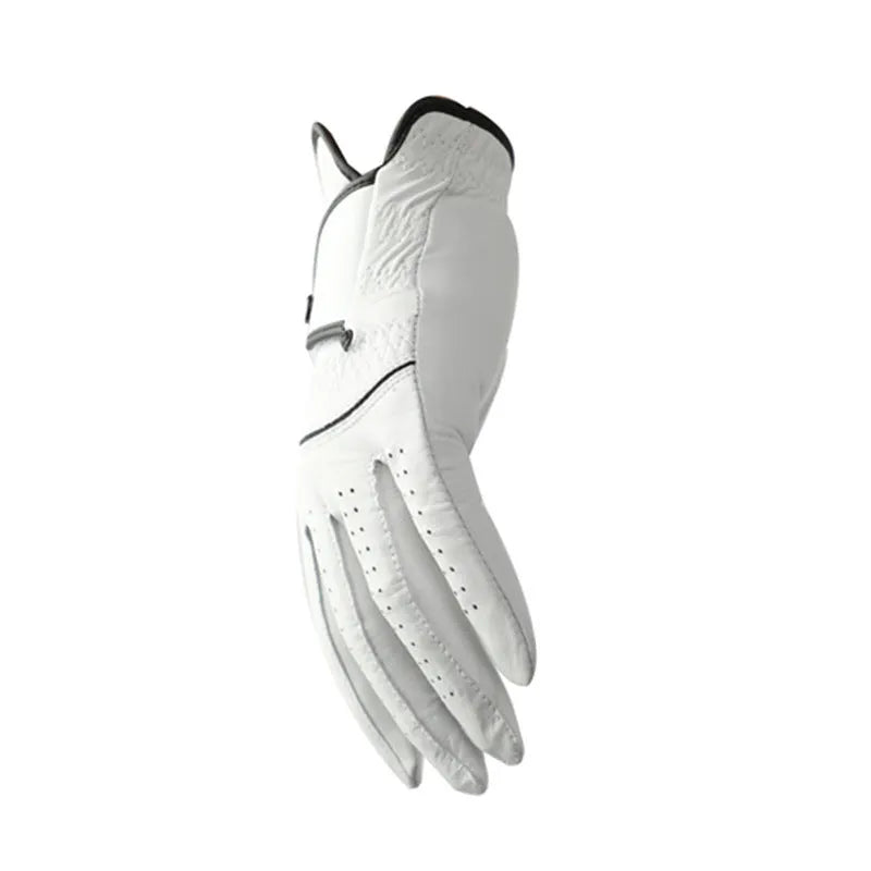 Men's white half sheepskin golf gloves showing palm grip detail and size tags