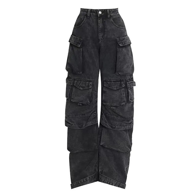 Blue tie-dyed high waist wide leg denim trousers on a woman, showing multiple pockets and street hipster style.