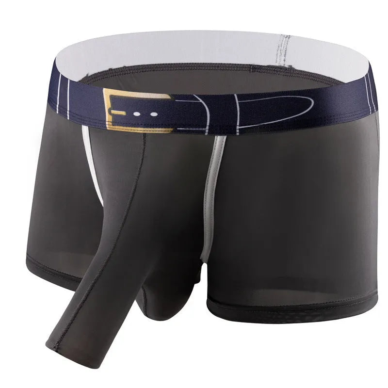 Men's solid colour ice silk boxers in mid-waist design showing grey, black, green, blue colour options