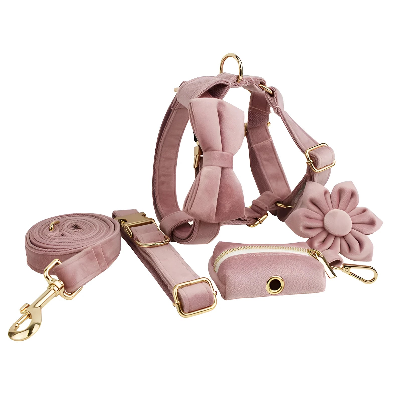 Light purple pink velvet dog collar set with leash and matching accessories on cloth material