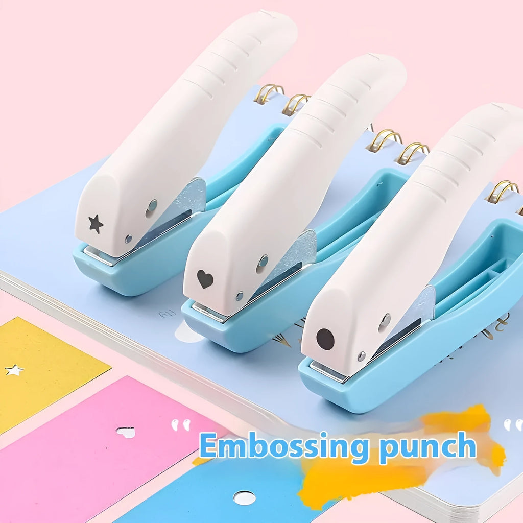 Small manual punching machine for creating love heart, star, and round embossed paper shapes.