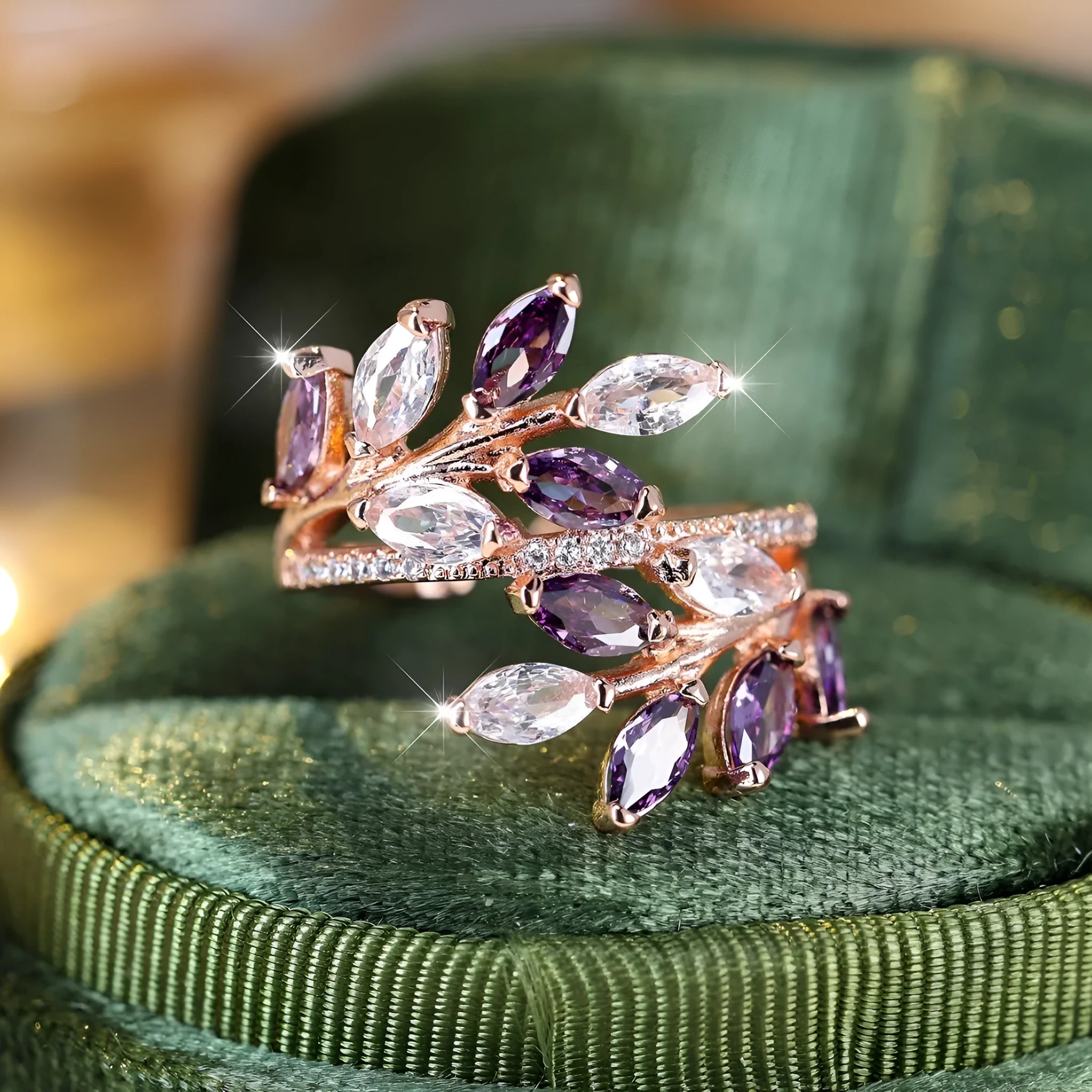 Adjustable copper ring with horse eye zircon stone and leaf design in multiple colour finishes