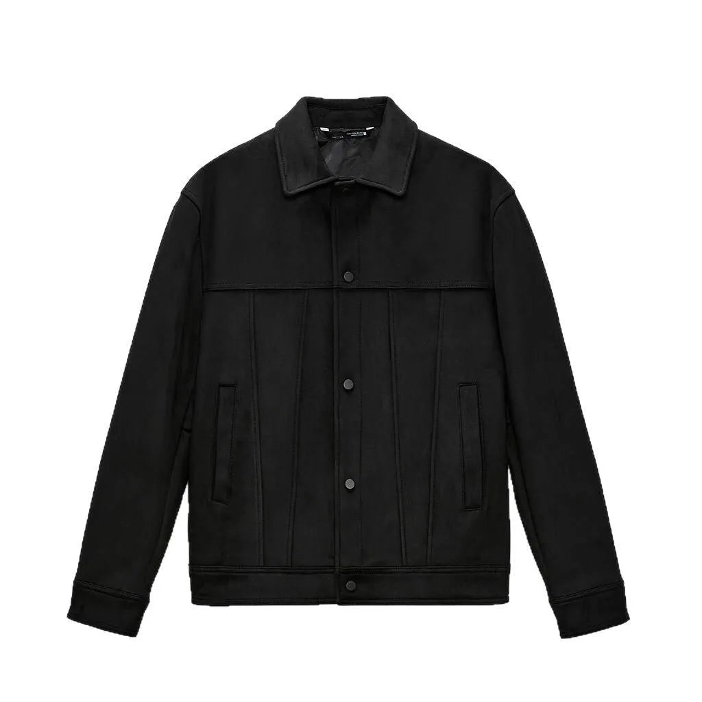 Black men's hooded jacket with suede collar and straight hem design
