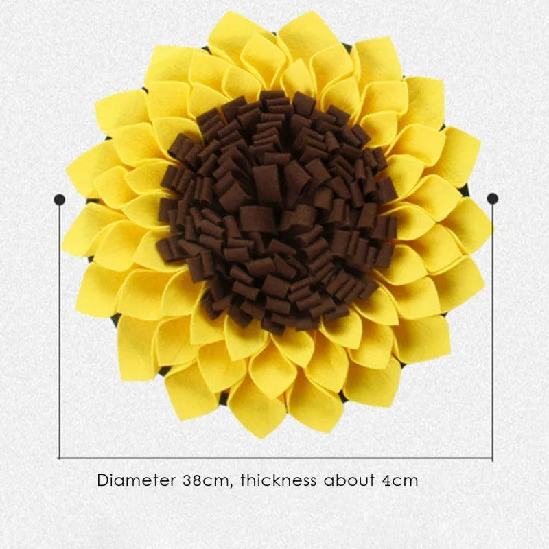 Yellow sunflower-shaped dog snuffle mat with rope and buckle for slow feeding and nosework training