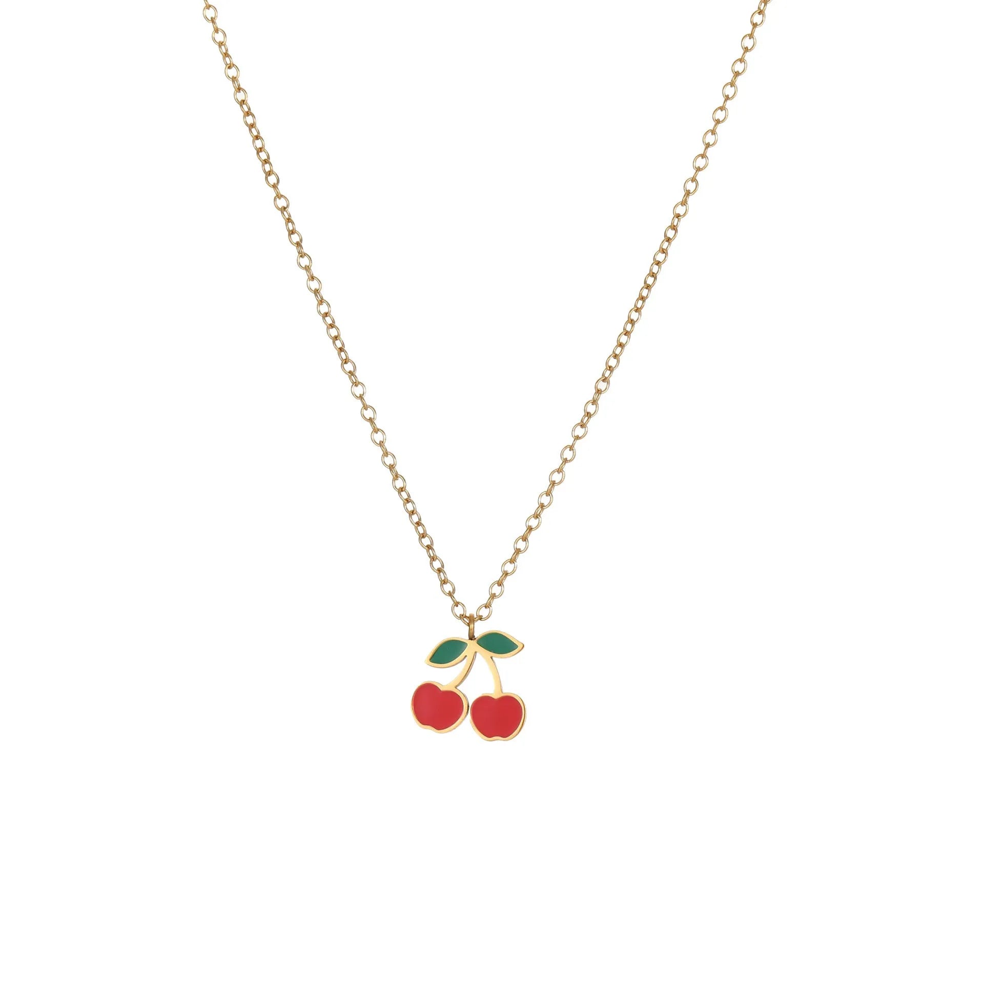 Cherry jewellery set with necklace, bracelet, earrings and ring in stainless steel with 18K gold plating