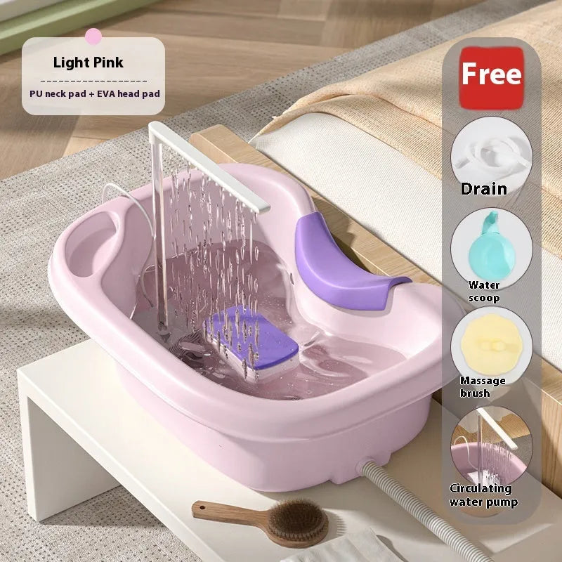 Portable plastic shampoo basin with neck pillow and water pump for bed hair washing