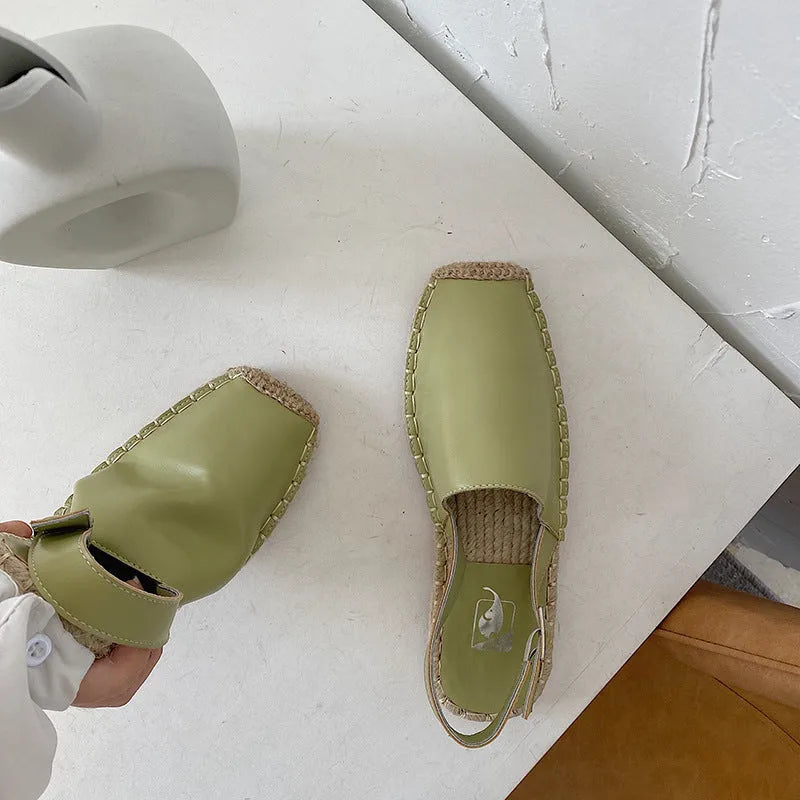 Women's retro-style flat sandals in canvas with an animal pattern, shown in multiple colours.