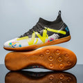 Adult low-top football boots with PVC upper and replaceable studs in black and yellow colourway