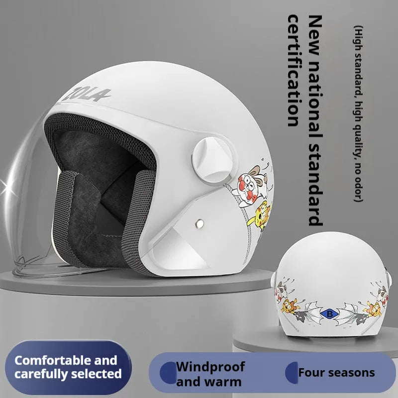 Blue electric bike helmet with attached winter scarf and a clear anti-fog visor