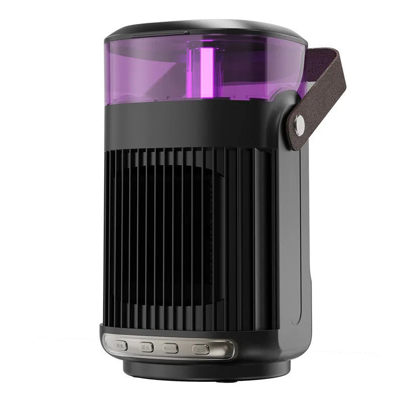 Black portable PTC space heater with built-in humidifier unit on a desk