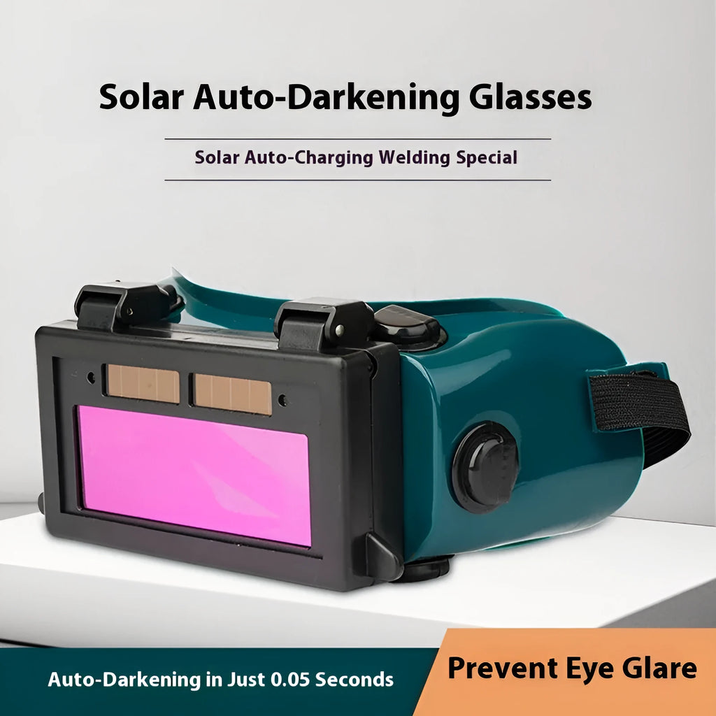 Light-changing electric welding glasses head-mounted type in green with flip dimmer and protective films