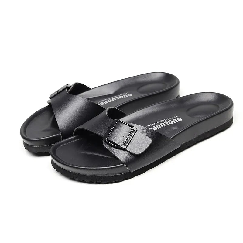 Fashion flat non-slip holiday travel beach slippers with EVA sole in black, sizes 35 to 46