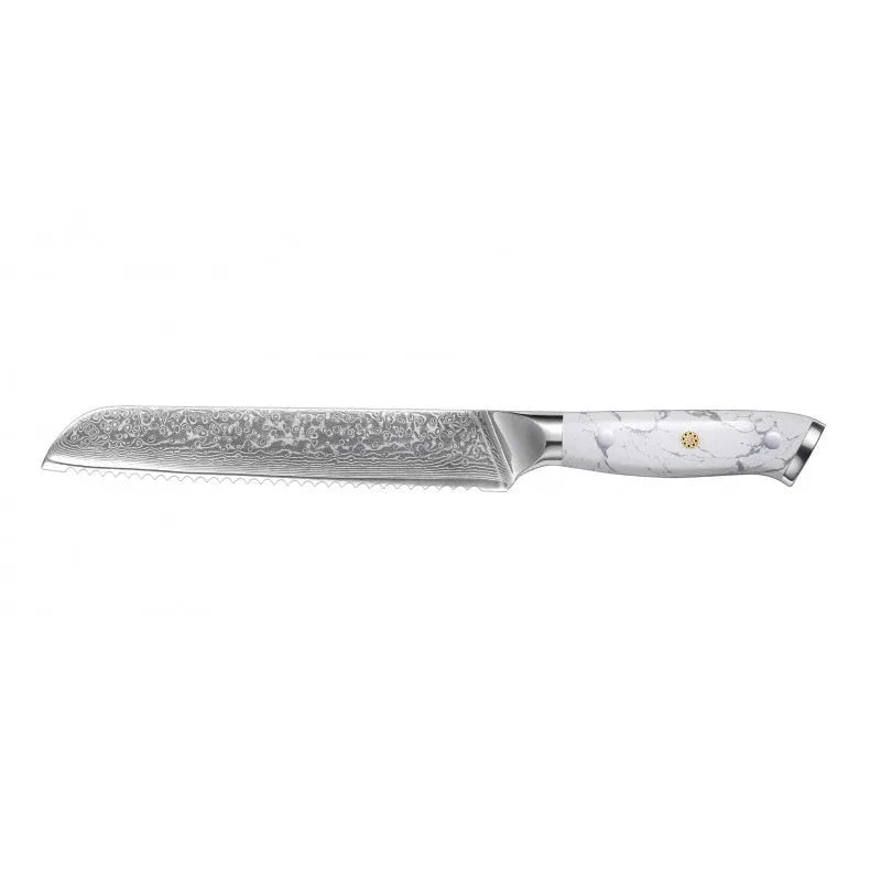 Damascus pattern VG10 steel combined chef knife with 21cm blade on wooden surface