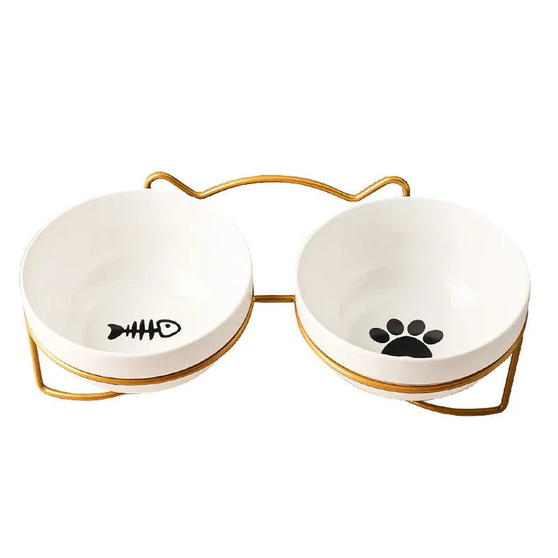 White ceramic pet bowl with decorative pattern in iron frame with cat ear accents