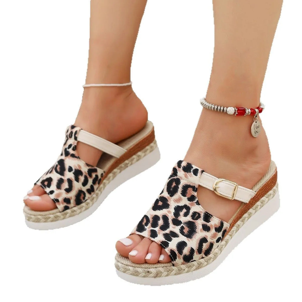 Leopard print wedge platform sandals with a fish mouth toe bracket, in light green.