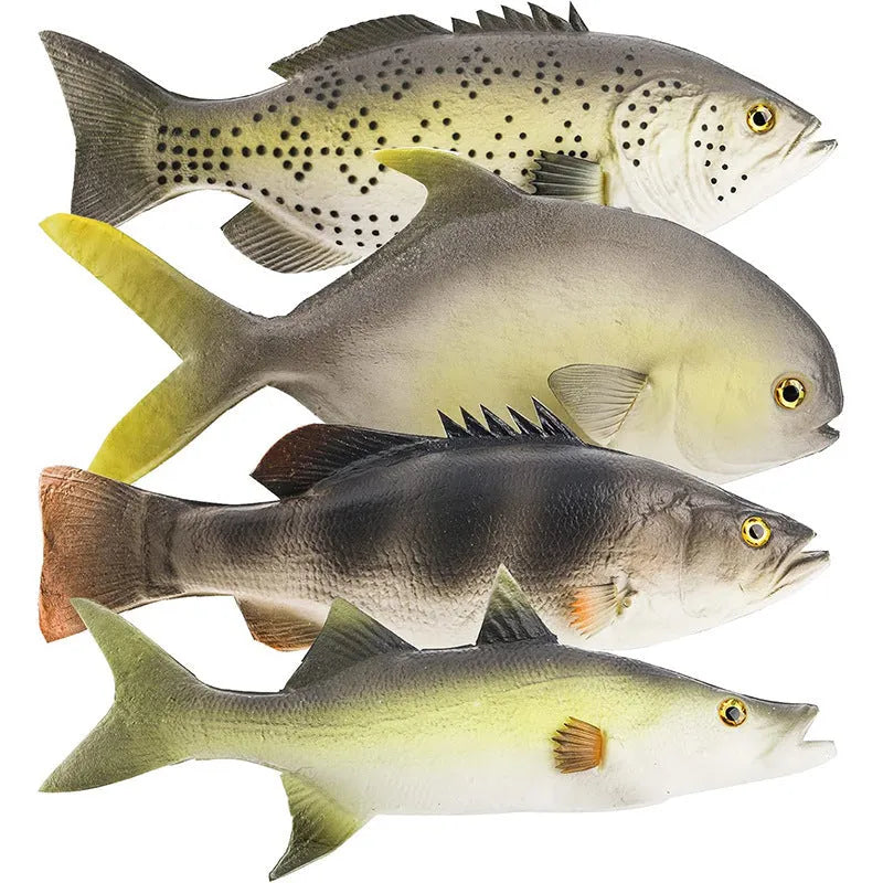 Set of three PU simulated fish model ornaments: yellow-fin tuna, flower fish, and yellow croaker.