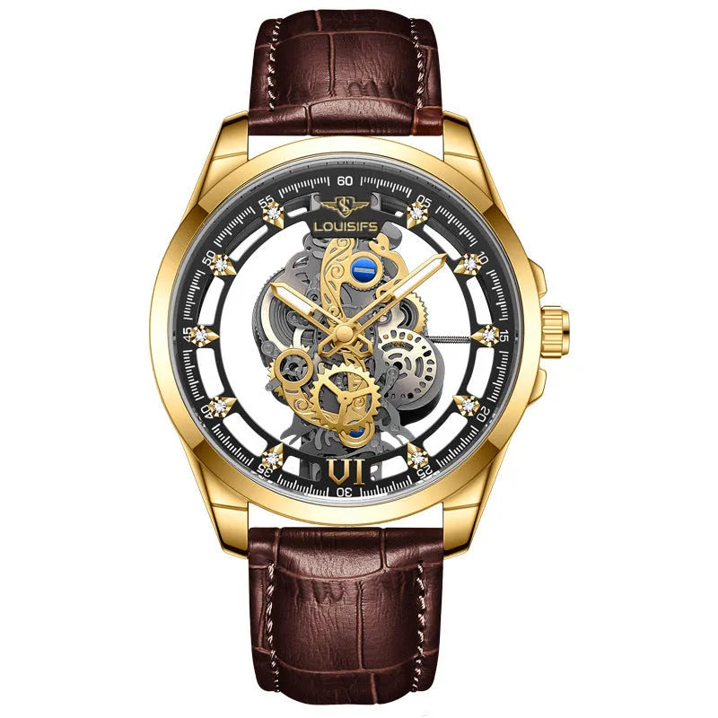 Swiss quartz men's business watch with hollow design in gold and black colour options