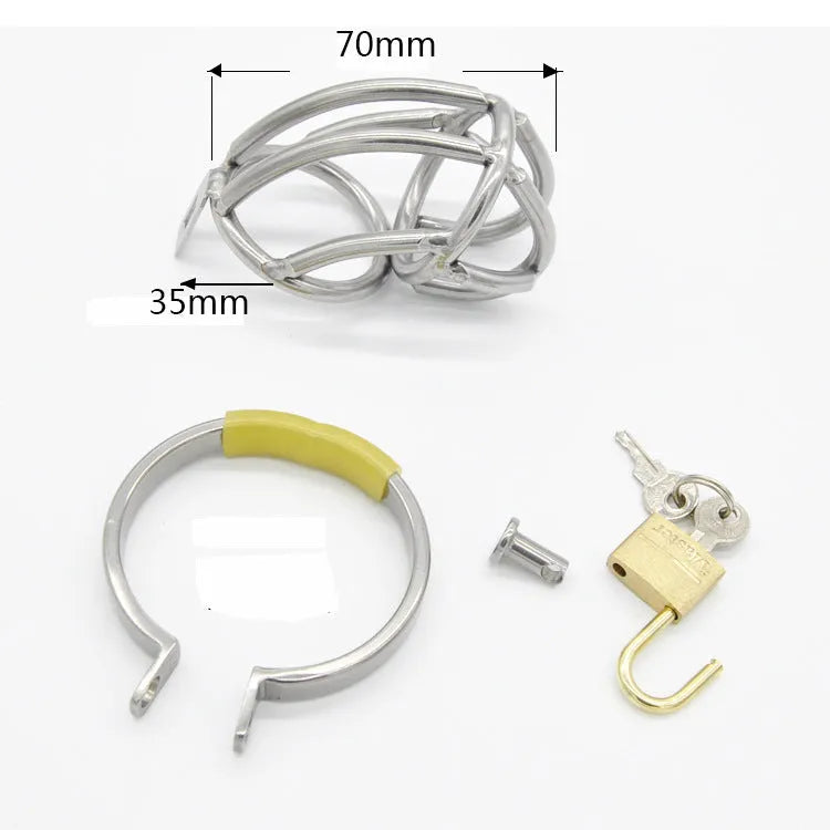 Stainless steel men's chastity device with multiple snap ring sizes on a neutral background