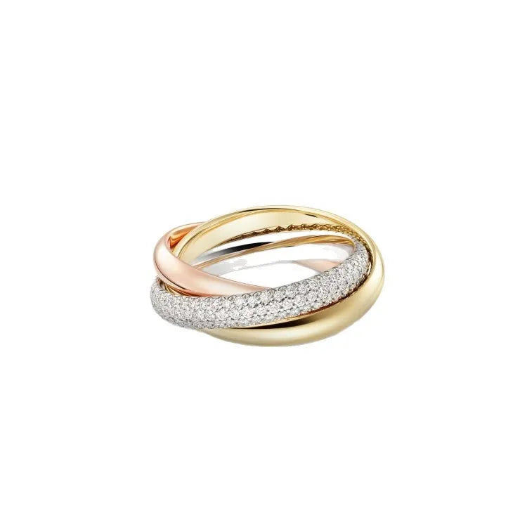 Geometric U-shaped silver couple ring with a full diamond band on a black background.