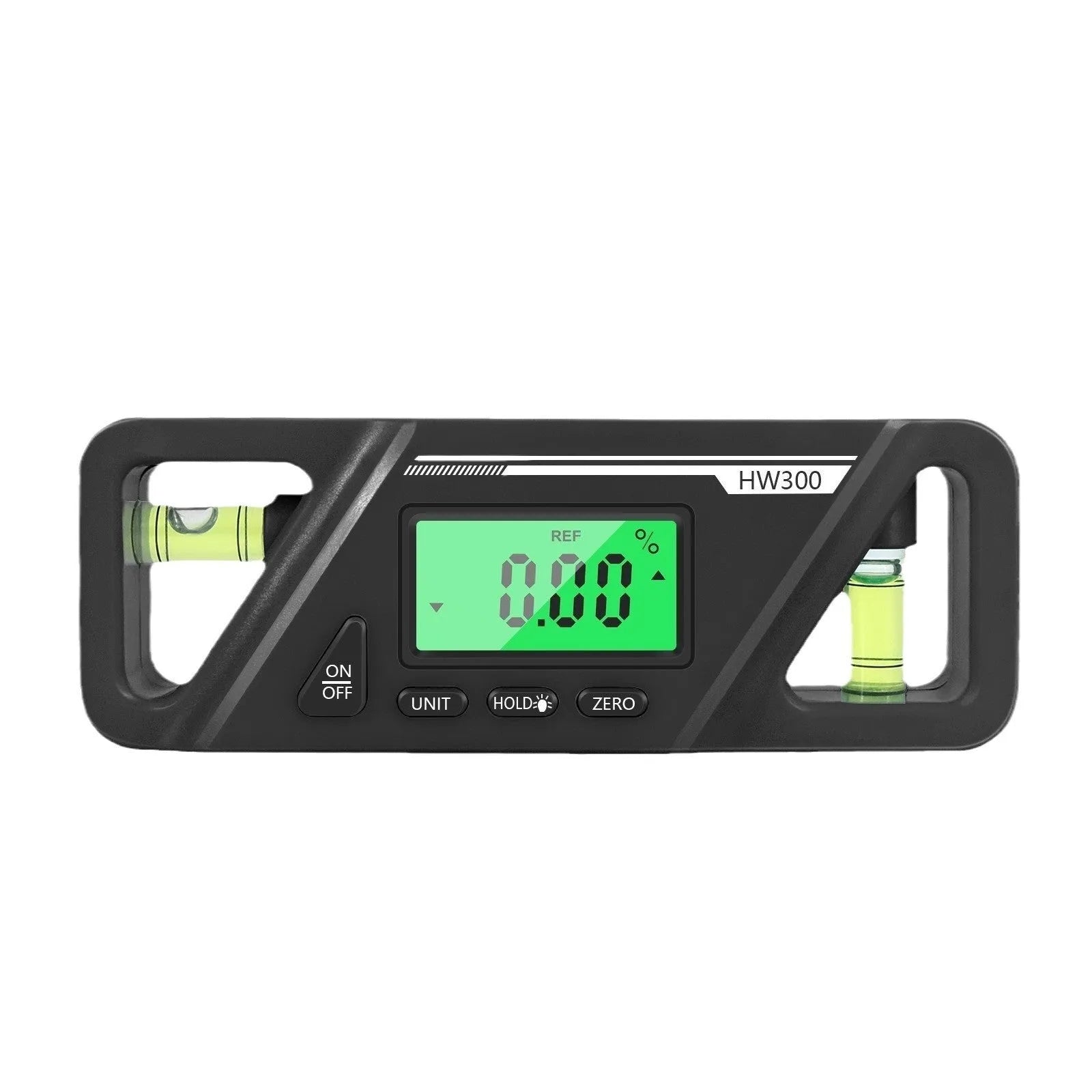 HW300 digital inclinometer level meter with magnetic base and LCD display, showing angle measurement.