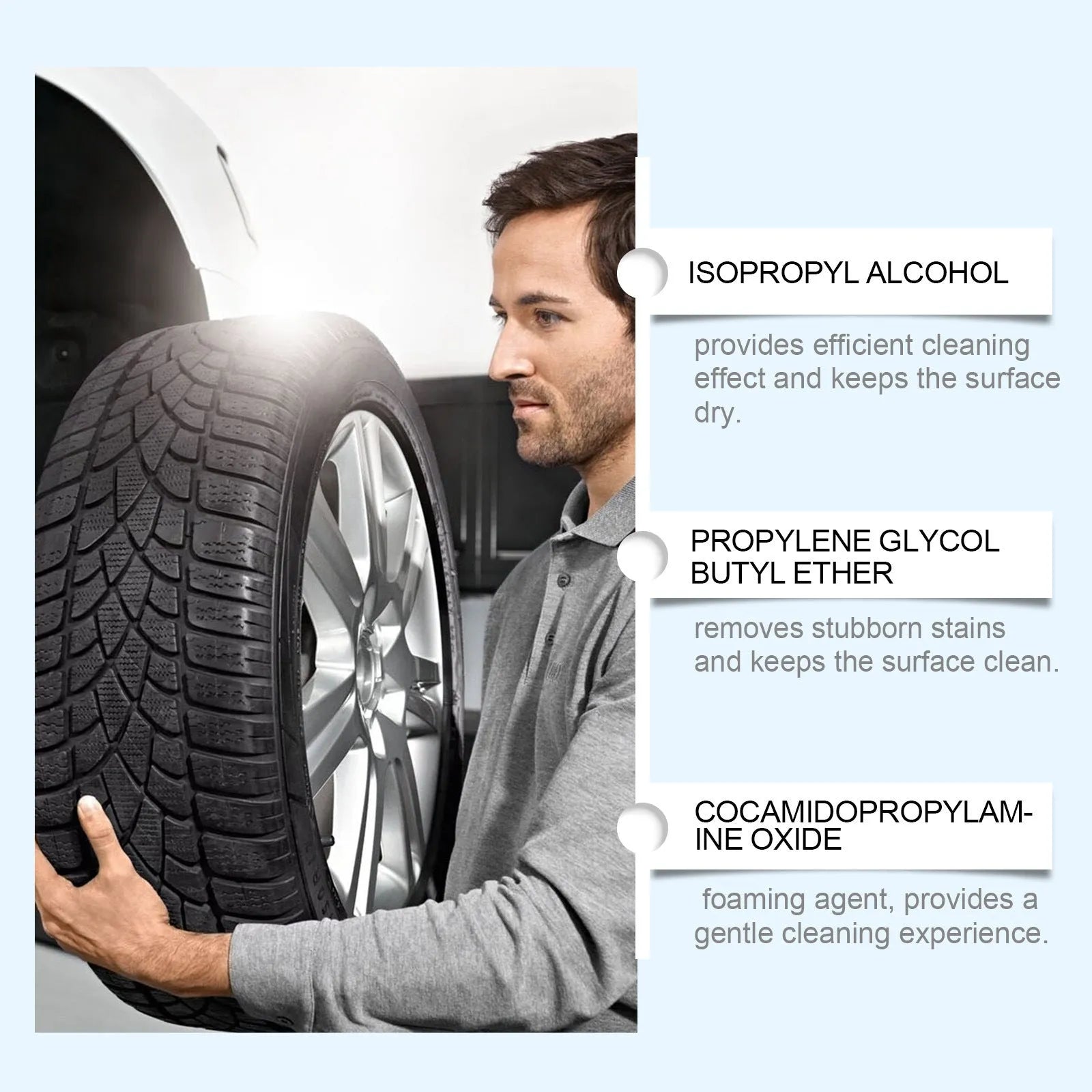 Car wheel protector foam cleaner 120ml bottle measuring 5.5 by 11 cm on a table