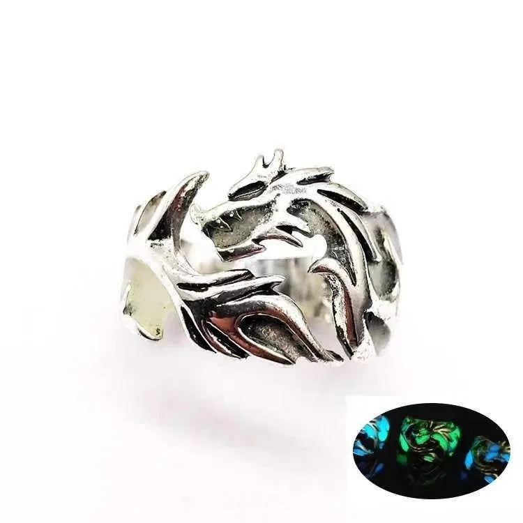 Adjustable Chinese dragon pattern ring with electroplated antique silver blue and green finish