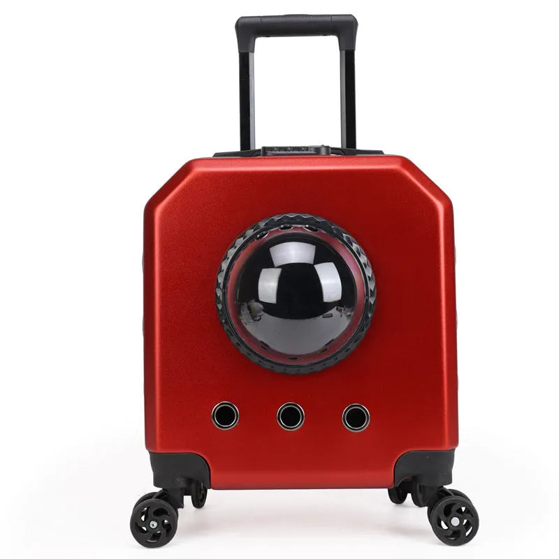 Hard-sided pink PVC pet flight case on wheels with trolley handle