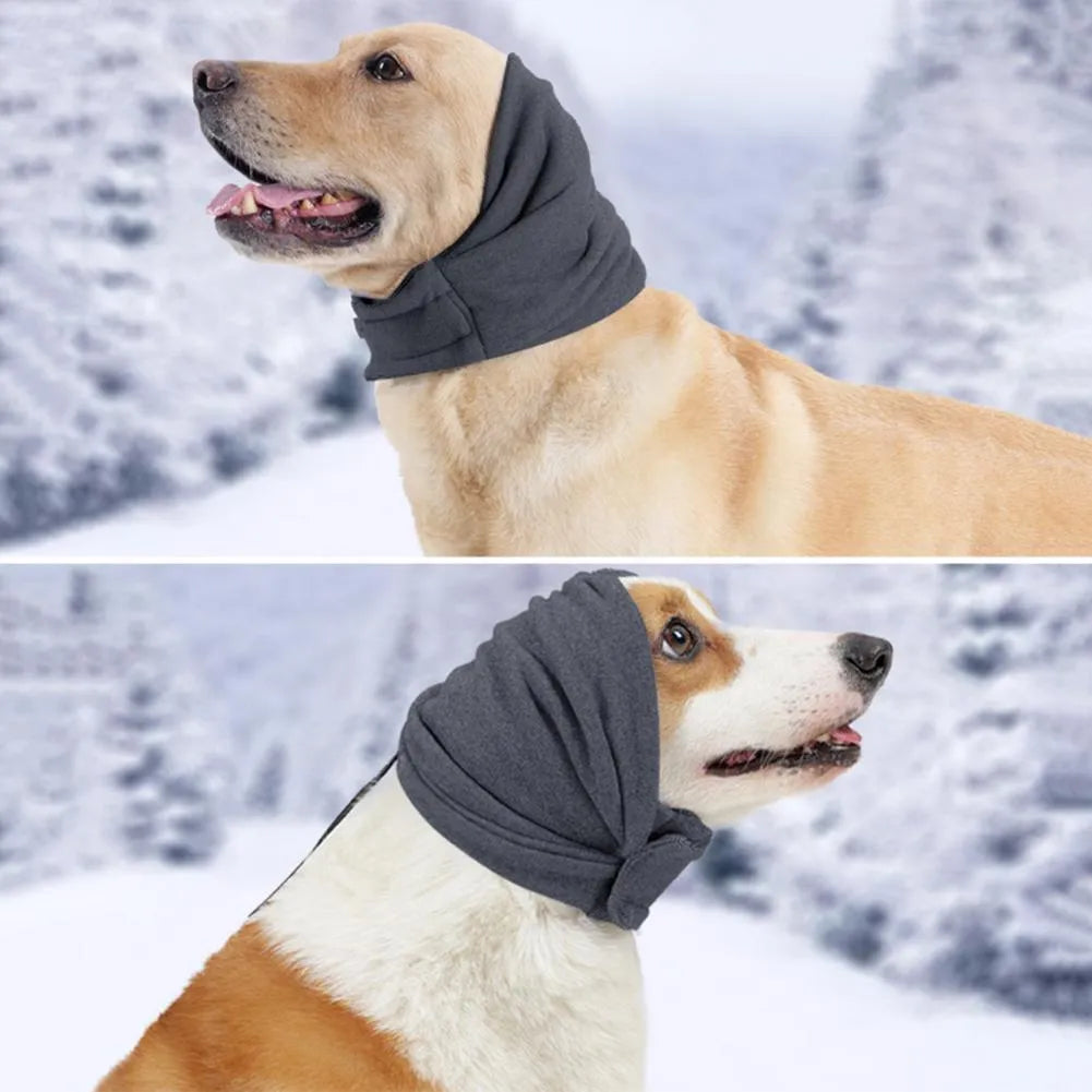 Dog wearing calming hoodie with ear covers in soft polyester fabric