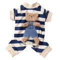 Blue striped bear four-legged pet pyjamas on a small dog with pullover round neck and long sleeves