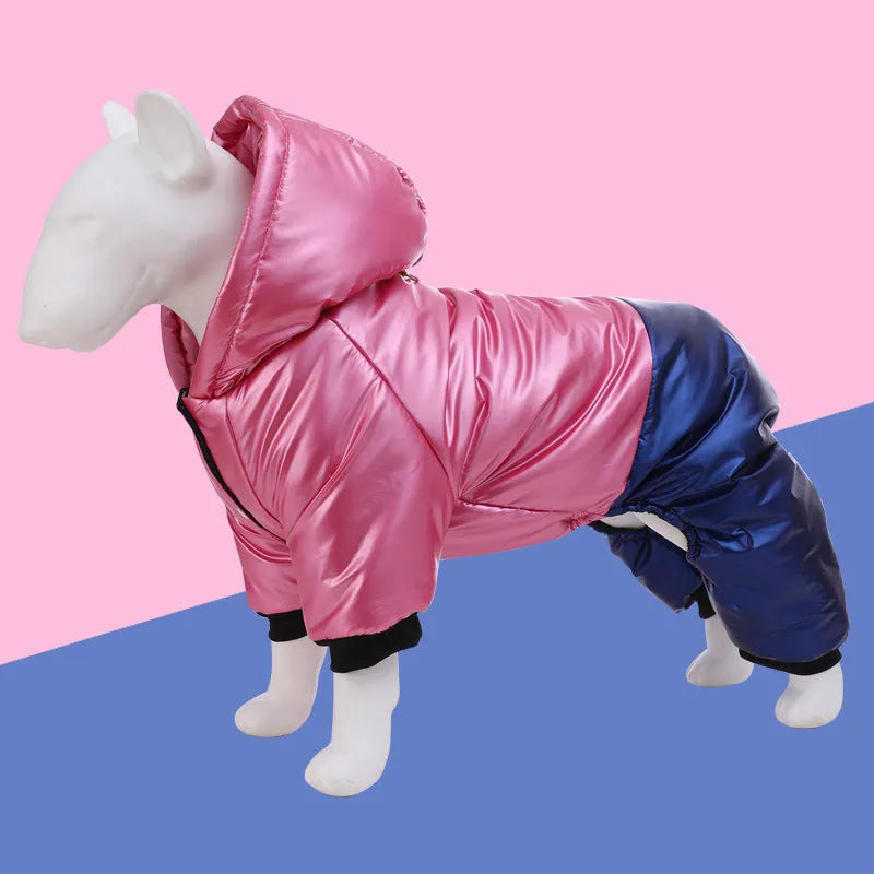 Green waterproof dog coat with four legs and cotton padding shown on a canine model