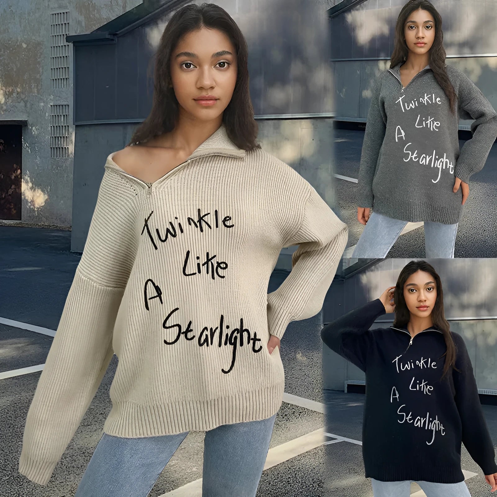 Woman wearing a light khaki Alpaca wool pullover sweater with an oblique zip and turtleneck.