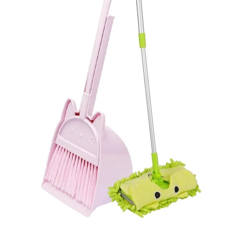 Purple plastic broom and dustpan set with long handle and rotating brush holder