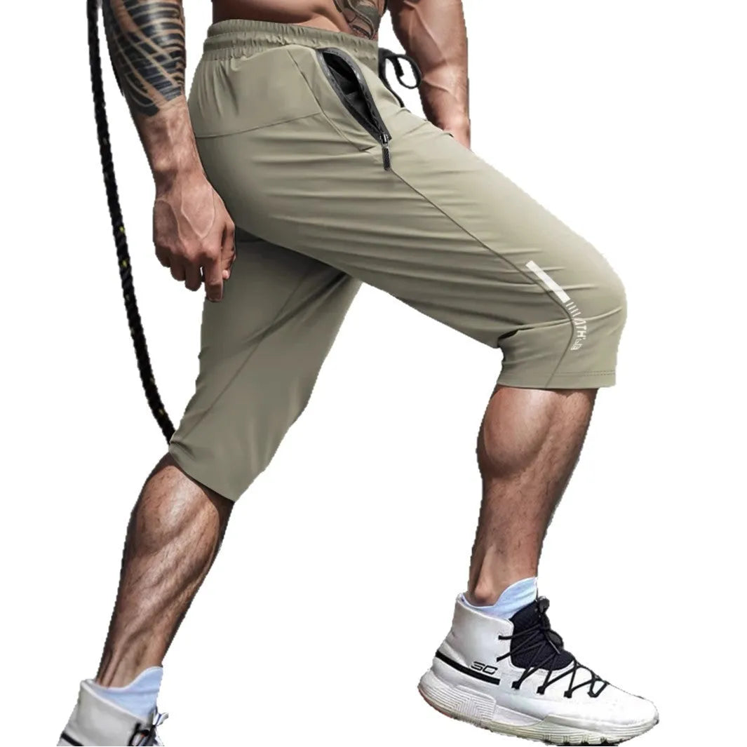 Men's cropped ice silk sports casual pants in black, blue, gray, or khaki colours