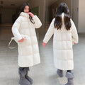 Thickened knee-length black puffer coat with long sleeves and quilted polyester padding