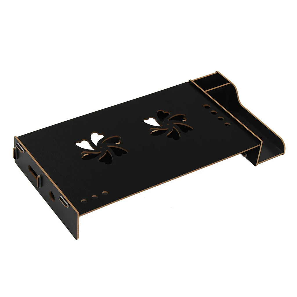 Paper laptop cooling rack in black on desktop showing 28x56x8.5cm dimensions