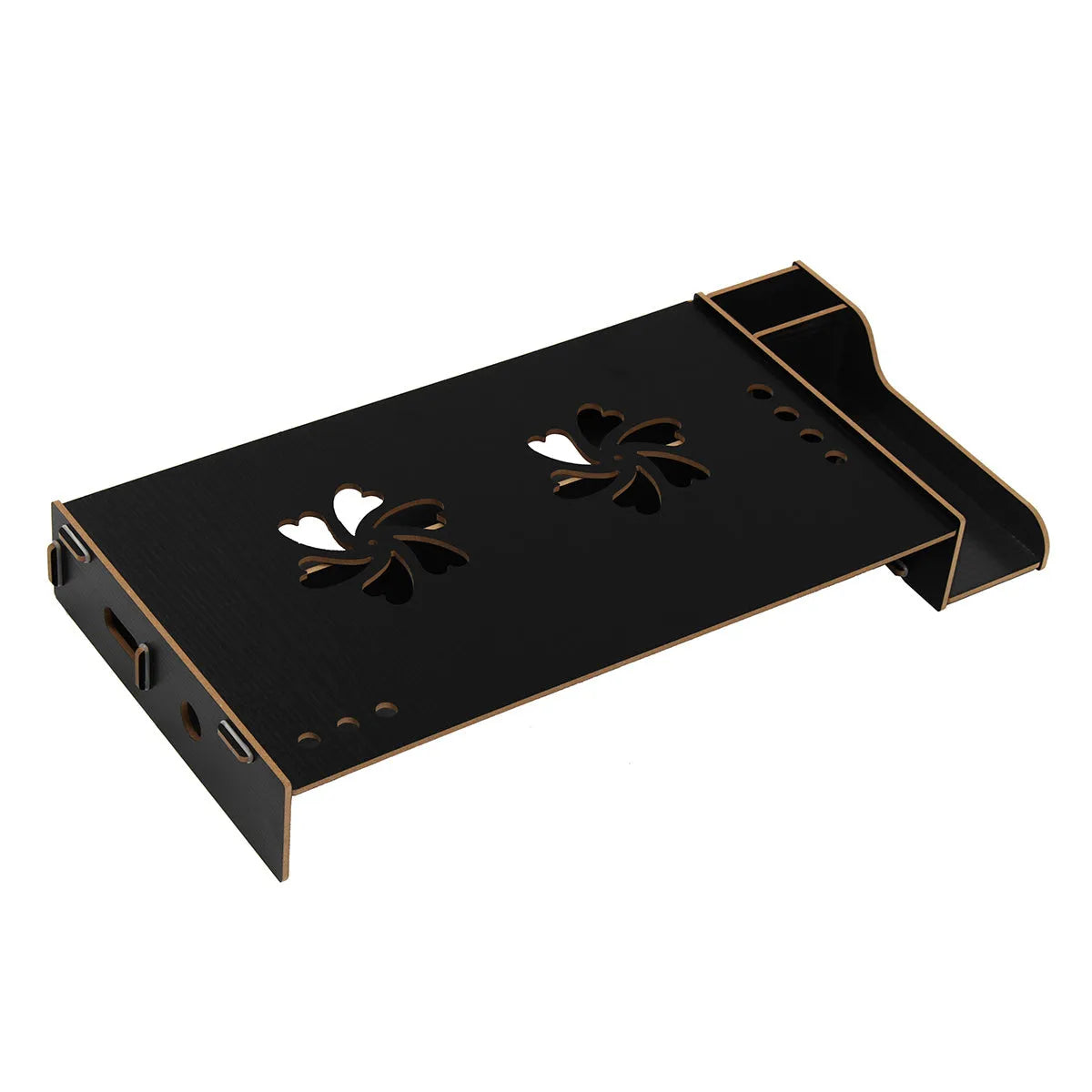 Paper laptop cooling rack in black on desktop showing 28x56x8.5cm dimensions