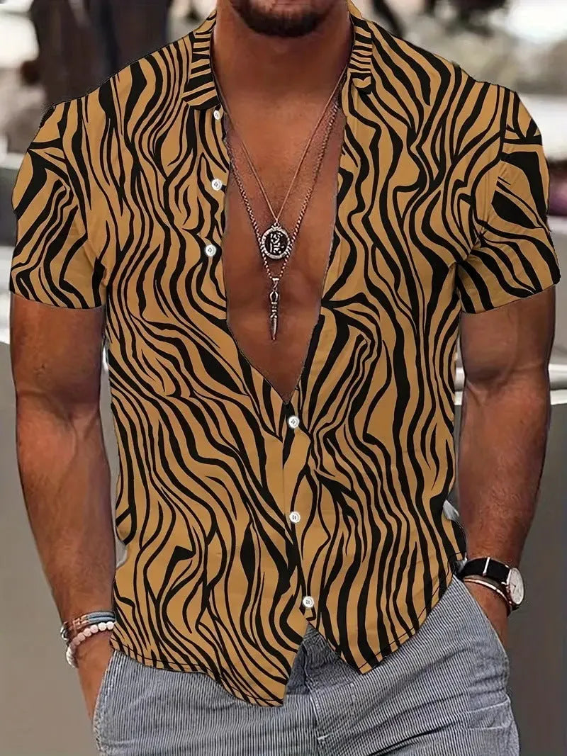 Men's geometric line print lapel short sleeve shirt in slim fit polyester fabric
