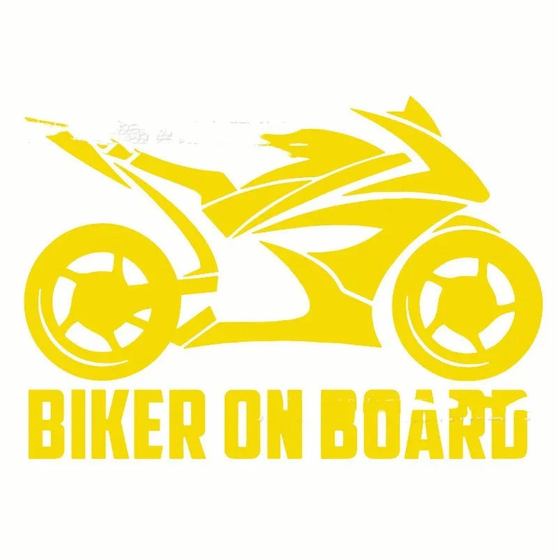 Motorcycle reflective safety sticker in PET material showing two size options: 14×20cm and 10×15cm