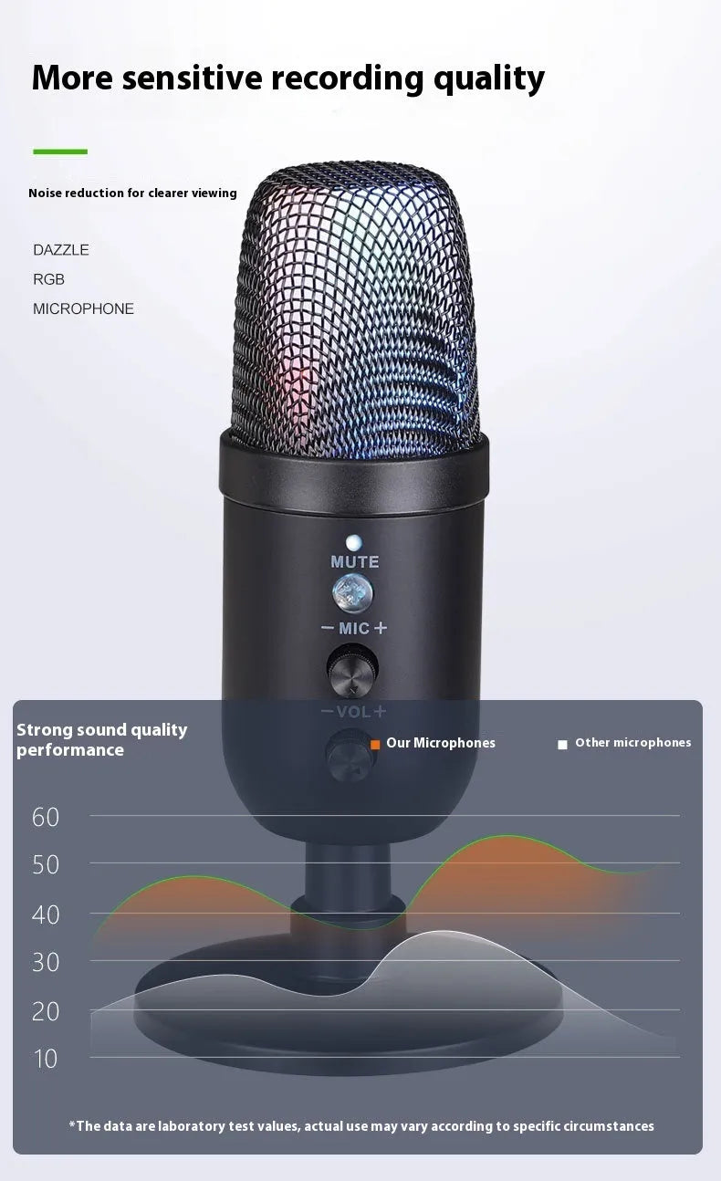 Black USB microphone with RGB lighting for computer and mobile phone recording