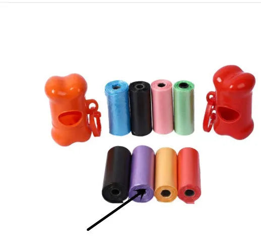 Roll of coloured disposable pet waste bags showing black, blue, green, light blue, pink, and purple options.
